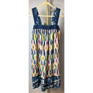 Warm Colorful Ikat Midi Dress with Blue Accents